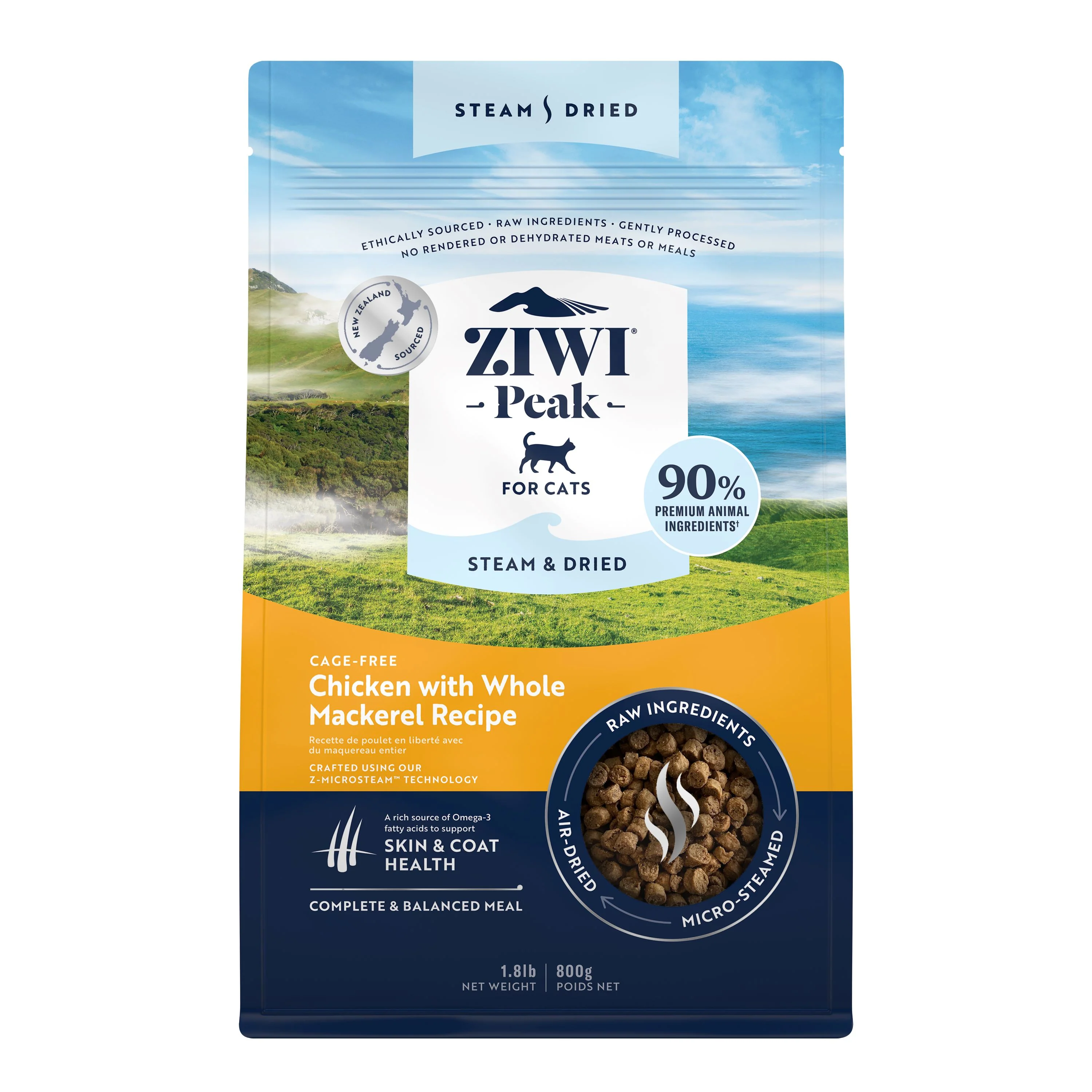Steam & Dried Cat Food - Cage-Free Chicken w/ Mackerel – High Protein, Skin & Coat Health, Low Carb, for All Life Stages